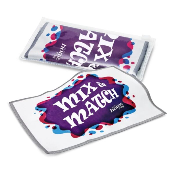 Two rectangular pouches with a vibrant design featuring the words Mix & Match in white on a purple and red background, surrounded by colorful dots. The edges are sewn with a grey border.