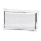 A transparent plastic pouch with a zipper, containing a folded white cloth with gray edges.