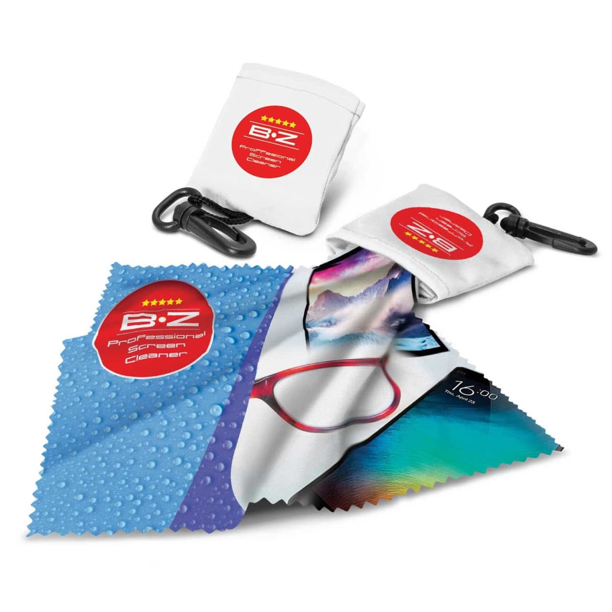 Two microfiber cleaning cloths with B.Z Professional Screen Cleaner branding. One cloth shows an image of red glasses and a smartphone, while the other depicts water droplets. Each cloth comes in a white pouch with a clip.