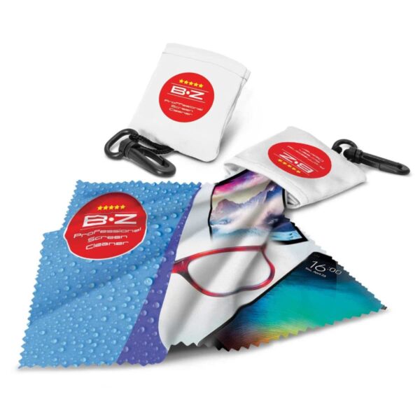 Two microfiber cleaning cloths, each in a pouch with a carabiner. One cloth displays a close-up of red glasses and a smartphone, the other shows water droplets. Both pouches have a BZ Professional Screen Cleaner label.