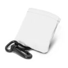 White fabric pouch with a black clip attached, lying on its side against a white background. The pouch has a smooth texture and a folded top edge.