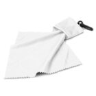 A white microfiber cloth with a jagged edge is attached to a small black clip. The cloth is partially folded and displayed against a plain white background.