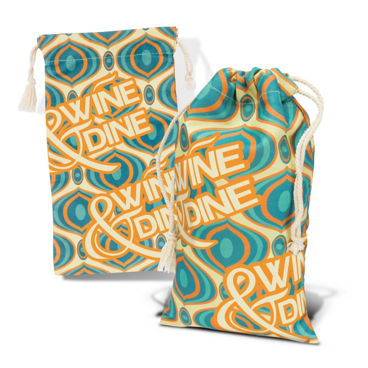 Two fabric bags with a retro pattern in turquoise, blue, and orange. The text WINE & DINE is printed in bold letters. The bags have drawstring closures and are displayed upright.