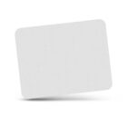 A blank, white rectangular sheet of paper with rounded corners is positioned against a plain white background. It is slightly tilted to the right, casting a subtle shadow on the surface below.