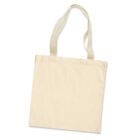 A plain, off-white canvas tote bag with long handles, lying flat against a white background.