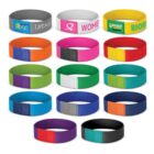 Image of 15 colorful fabric wristbands arranged in rows. Each band features a different color combination and logo or design, including ones with text like Urban and Biobest. Bands are in various shades including orange, pink, and blue.