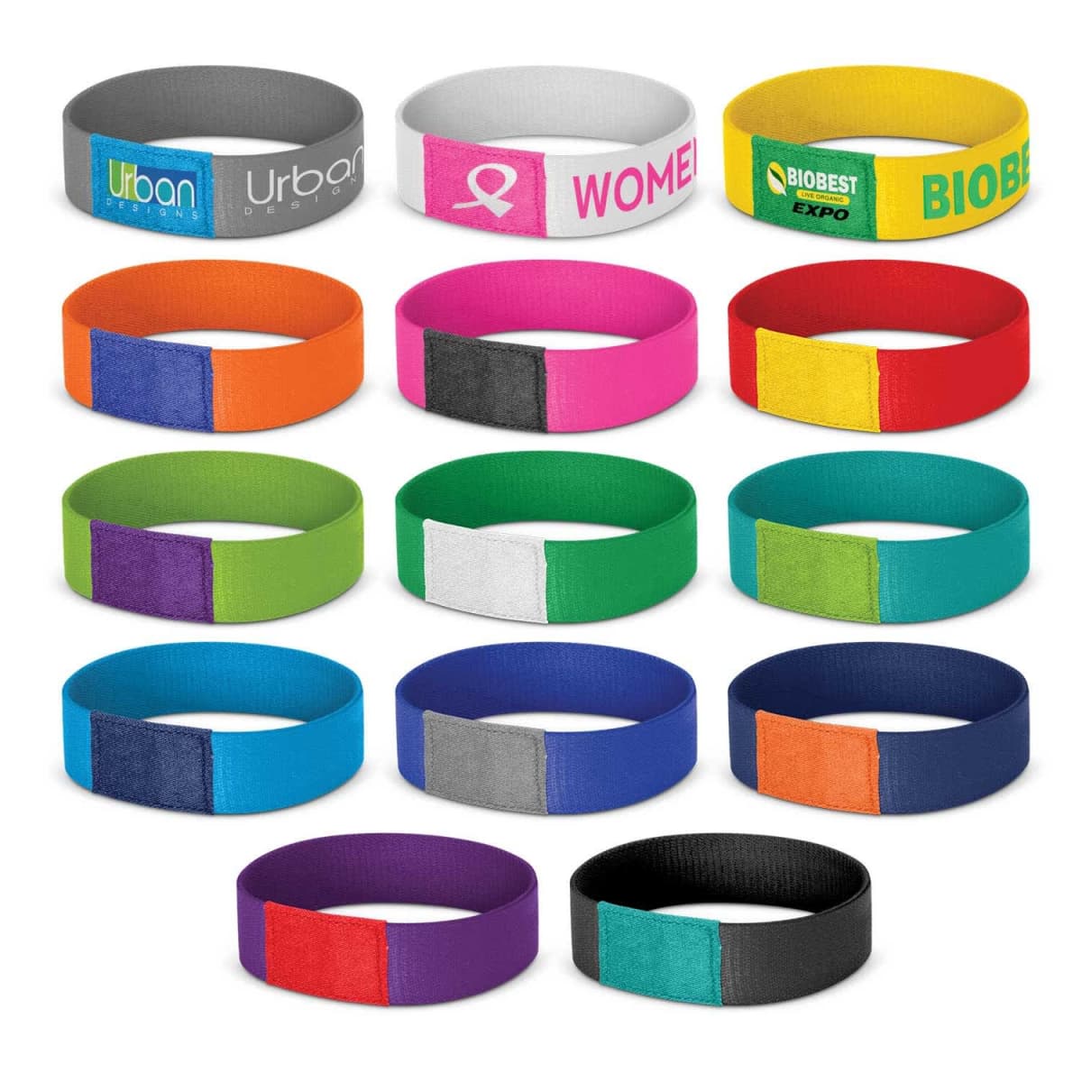 Image of 15 colorful fabric wristbands arranged in rows. Each band features a different color combination and logo or design, including ones with text like Urban and Biobest. Bands are in various shades including orange, pink, and blue.