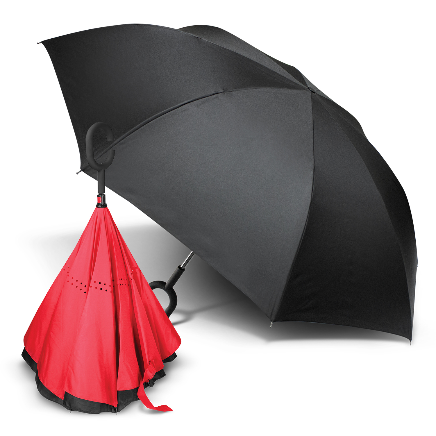 Black umbrella open, red inverted closed, C-shaped handles, featuring vented design.