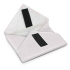 Two white fabric corner covers with black hook-and-loop fasteners, displayed against a plain background. Each cover has a triangular shape, featuring a smooth finish.