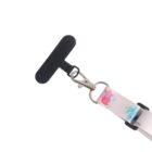A white lanyard with colorful cartoon figures is shown. It has a metal swivel hook attached to a black T-shaped rubber attachment, designed for holding face masks.