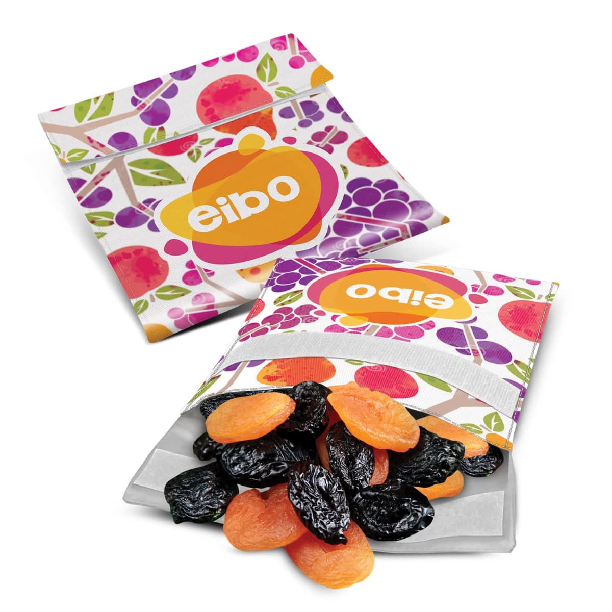 Two colorful snack packages featuring fruit designs, labeled eibo, lie on a white surface. One package is open, revealing dried apricots and prunes spilling out.