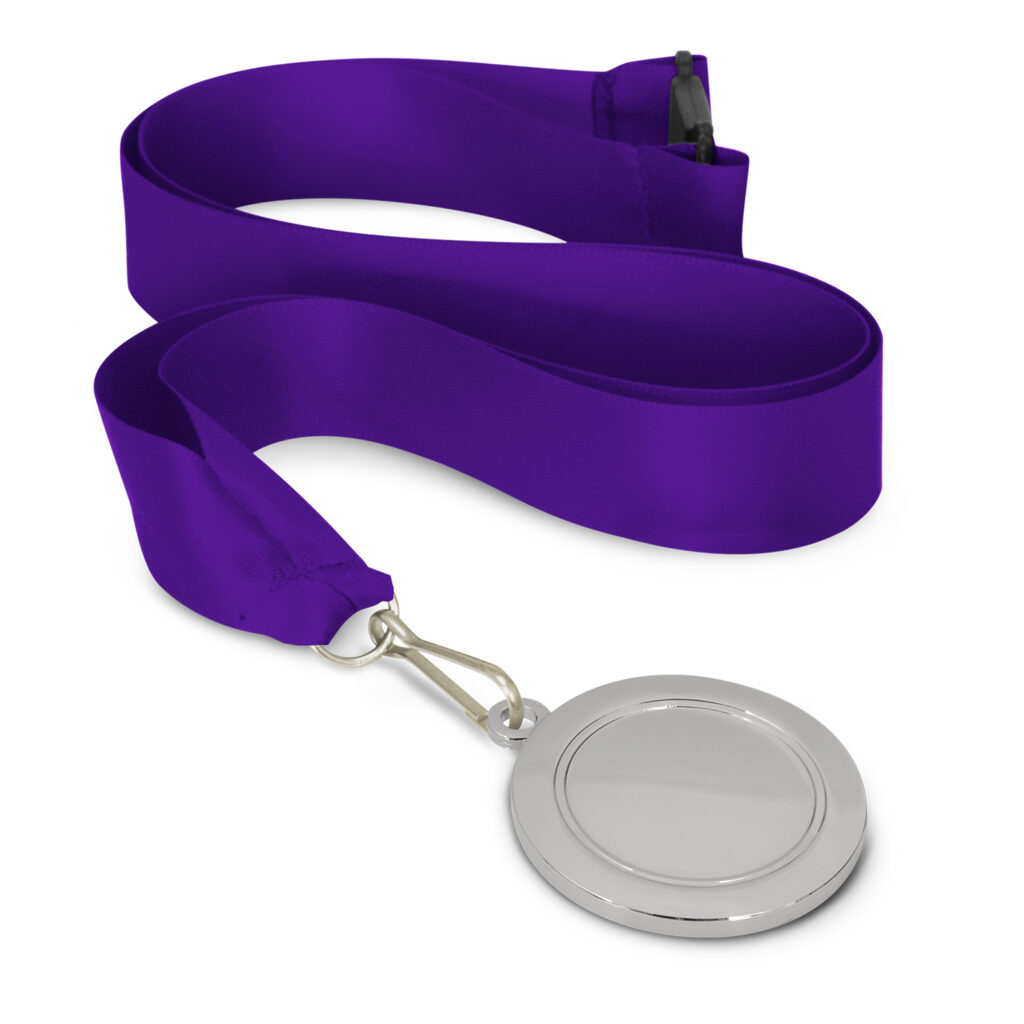Silver medal on a purple lanyard against a white background.