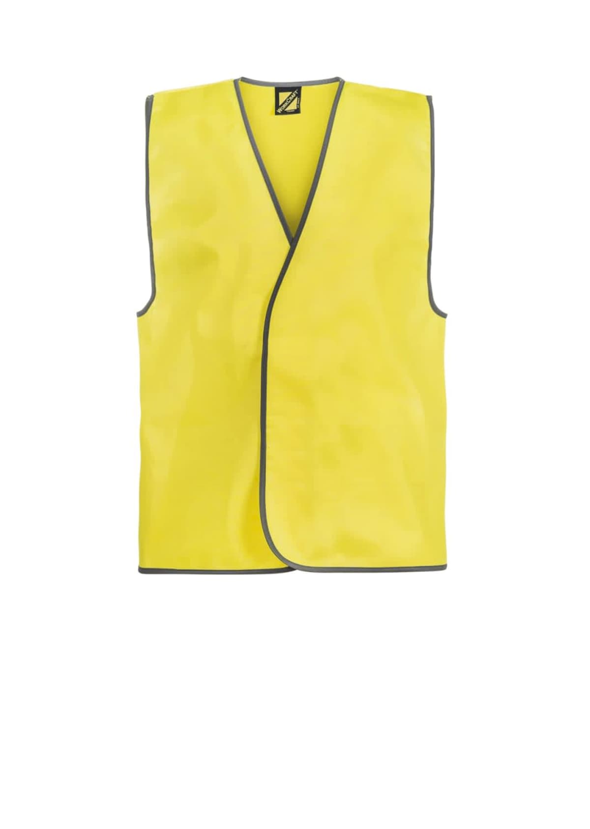 Yellow safety vest with gray trim on a white background.