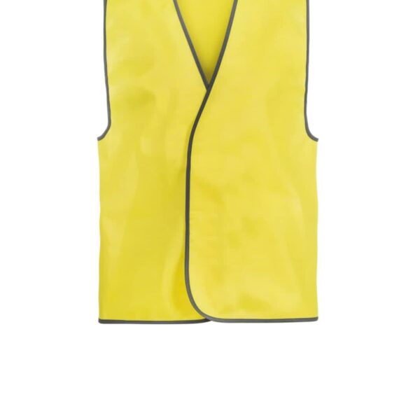 Yellow high-visibility vest with gray trim, front view.