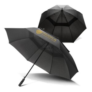 Custom umbrellas: two black ones, open and closed, with monica boutique hotel and spa logo.