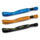 Three promotional wristbands with woven designs are shown. The top is blue with Xenia Consultant, the middle is orange with colorful eyes and Vision, and the bottom is black with a colorful logo and Funturtle. Each has a black clasp.