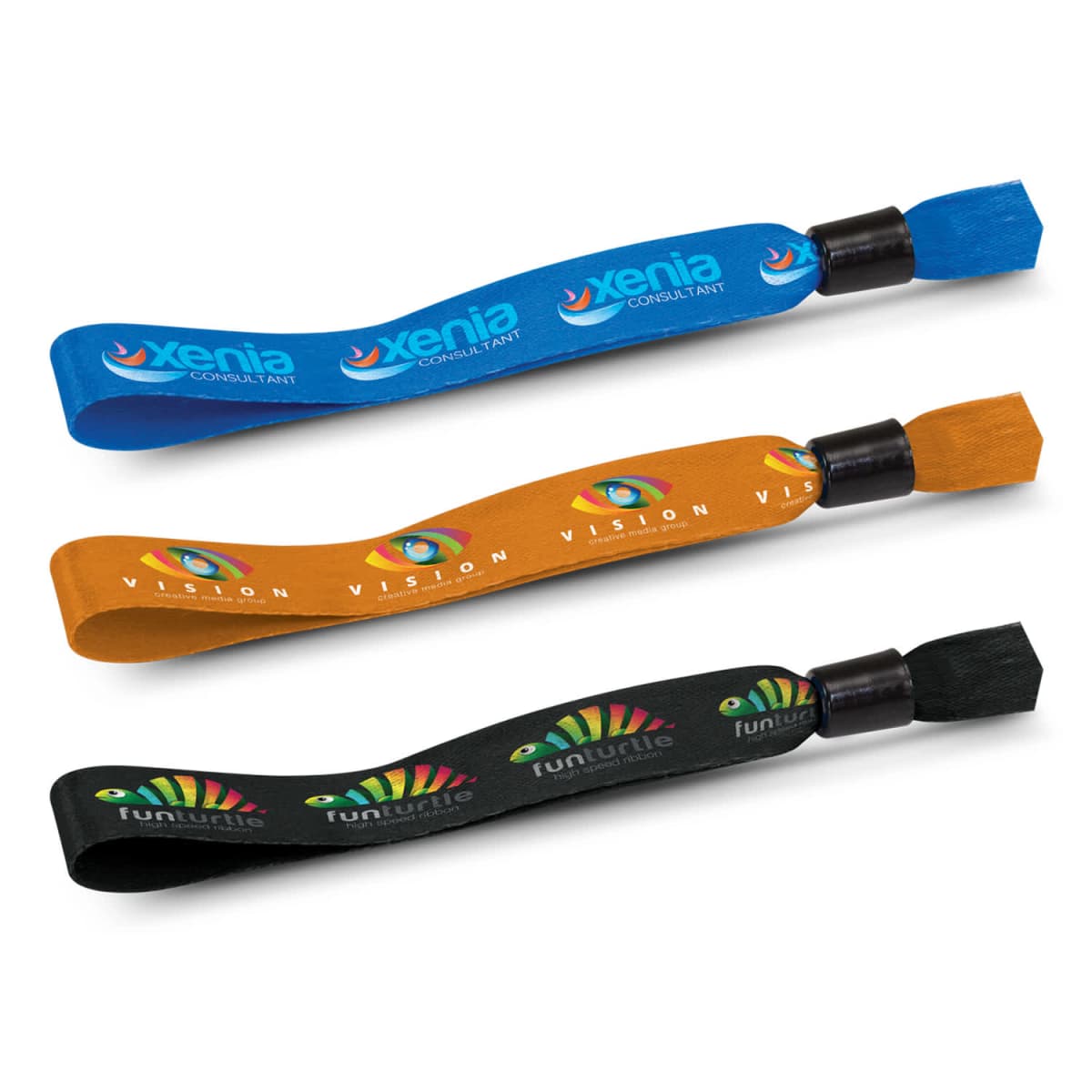 Three promotional wristbands with woven designs are shown. The top is blue with Xenia Consultant, the middle is orange with colorful eyes and Vision, and the bottom is black with a colorful logo and Funturtle. Each has a black clasp.