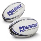 Two white and blue rugby balls with a stylized M logo and the text MANXA STRATEGY SOLUTIONS are displayed. The design features blue and black curved stripes on each ball.