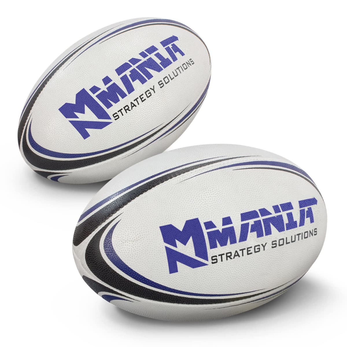 Two white and blue rugby balls with a stylized M logo and the text MANXA STRATEGY SOLUTIONS are displayed. The design features blue and black curved stripes on each ball.