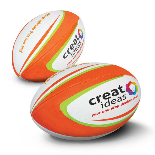 Two orange and white rugby balls with the text create ideas and your one stop design shop printed on them. Each ball features a colorful curved design and appears to be new, positioned on a plain white background.