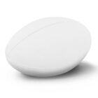 A white leather rugby ball with visible stitching on a plain white background.
