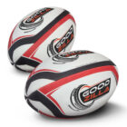 Two white and black rugby balls with red accents and the brand name GOODZILLA in bold letters. The balls have a modern, dynamic design with curved lines and a logo.
