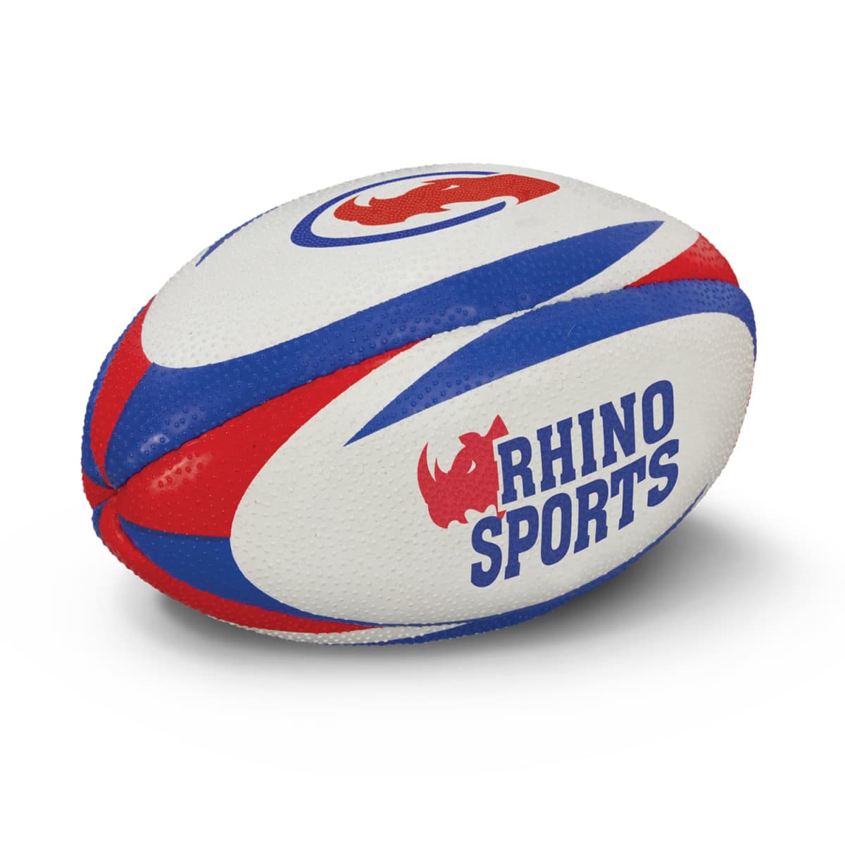 A rugby ball with white, blue, and red colors, featuring a logo with a red rhino silhouette and RHINO SPORTS text on the side.