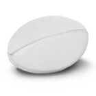 A plain, white rugby ball rests on a white surface, casting a subtle shadow beneath. The textured surface and stitching details are visible, emphasizing its simple design and oval shape.