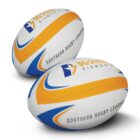 Two rugby league balls with blue and orange graphics. They read Southern Rugby League and BG STATE DIAMOND. Both balls have similar designs and are placed at an angle against a plain background.