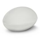 A plain white rugby ball against a white background. The ball is positioned slightly to the side, showcasing its elliptical shape and stitching details.