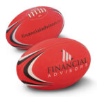 Two red rugby balls are displayed. Both feature black and white wave patterns. One ball shows laces, while both have Financial Advisors printed in black.