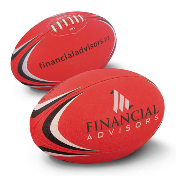 Two red rugby balls are displayed. Both feature black and white wave patterns. One ball shows laces, while both have Financial Advisors printed in black.