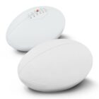 Two white sports balls on a white background. One is an American football with visible laces, and the other is a rugby ball with smooth stitching. Both have a sleek, minimalist design.