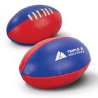 Two red and blue oval-shaped footballs, each divided into two colored halves. One shows white laces, while the other features the TRIPLE A INDUSTRIES logo in white text. Both are positioned on a plain white background.