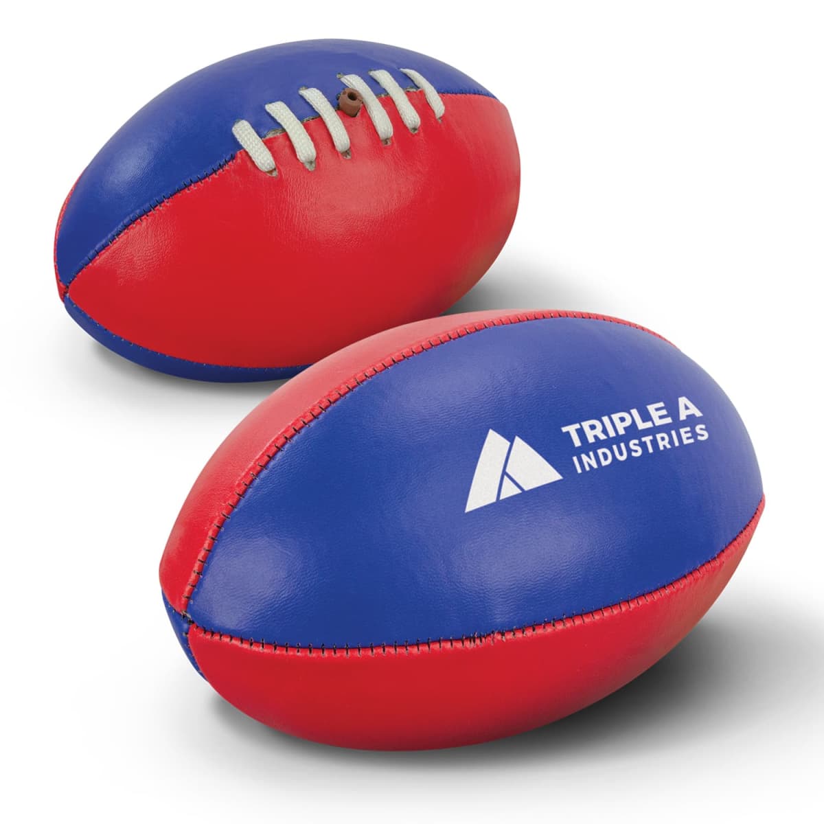Two red and blue oval-shaped footballs, each divided into two colored halves. One shows white laces, while the other features the TRIPLE A INDUSTRIES logo in white text. Both are positioned on a plain white background.