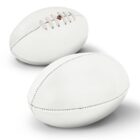 Two white footballs are shown. One is positioned upright, displaying its stitching and laces, while the other lies flat with the seam visible. The background is plain white.