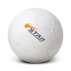 A white soccer ball with black stitching, featuring a logo with an orange star and the words STAR PERFORMER printed in black on its surface.