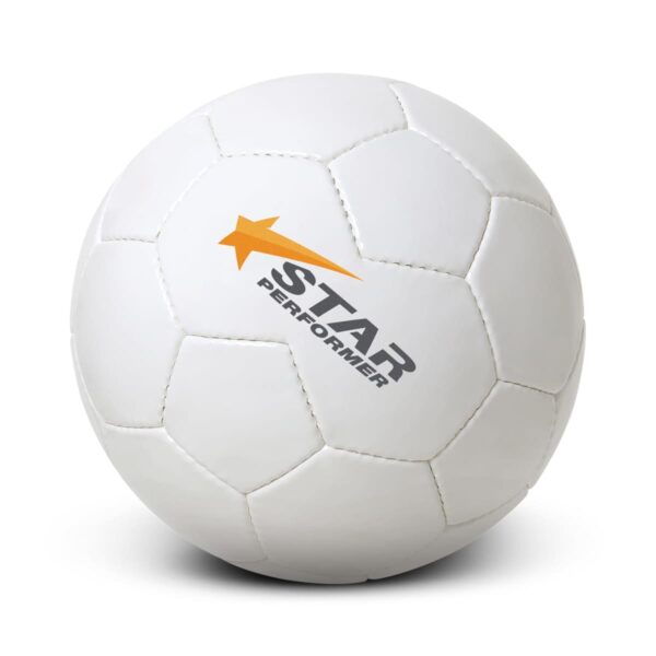 A white soccer ball with a hexagonal pattern, featuring the text STAR PERFORMER and a star graphic printed in black and orange on its surface.