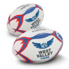 Two white rugby balls with red and blue designs, featuring the West Valley Tours logo and the text Rugbyeye.