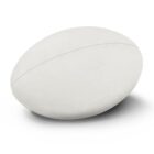 A smooth, white, oval-shaped item resembling a rugby ball against a white background. It has a visible seam running vertically down the middle.