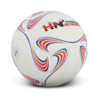 White volleyball with a swirling red, blue, and gray pattern. The text HNP Hybrid Network is printed on the surface.