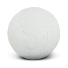 A white volleyball with visible stitching, resting on a white surface, casting a subtle shadow beneath.