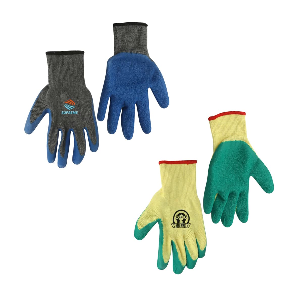 Four pairs of colorful work gloves with various logos displayed on white background.