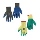 Two pairs of work gloves; one blue and gray, the other green and yellow.