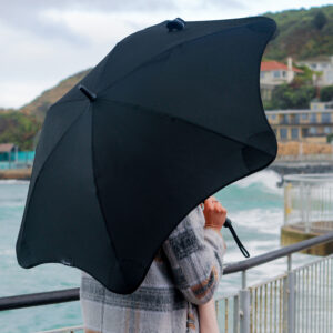 Person with a BLUNT umbrella standing by the sea on a rainy day.