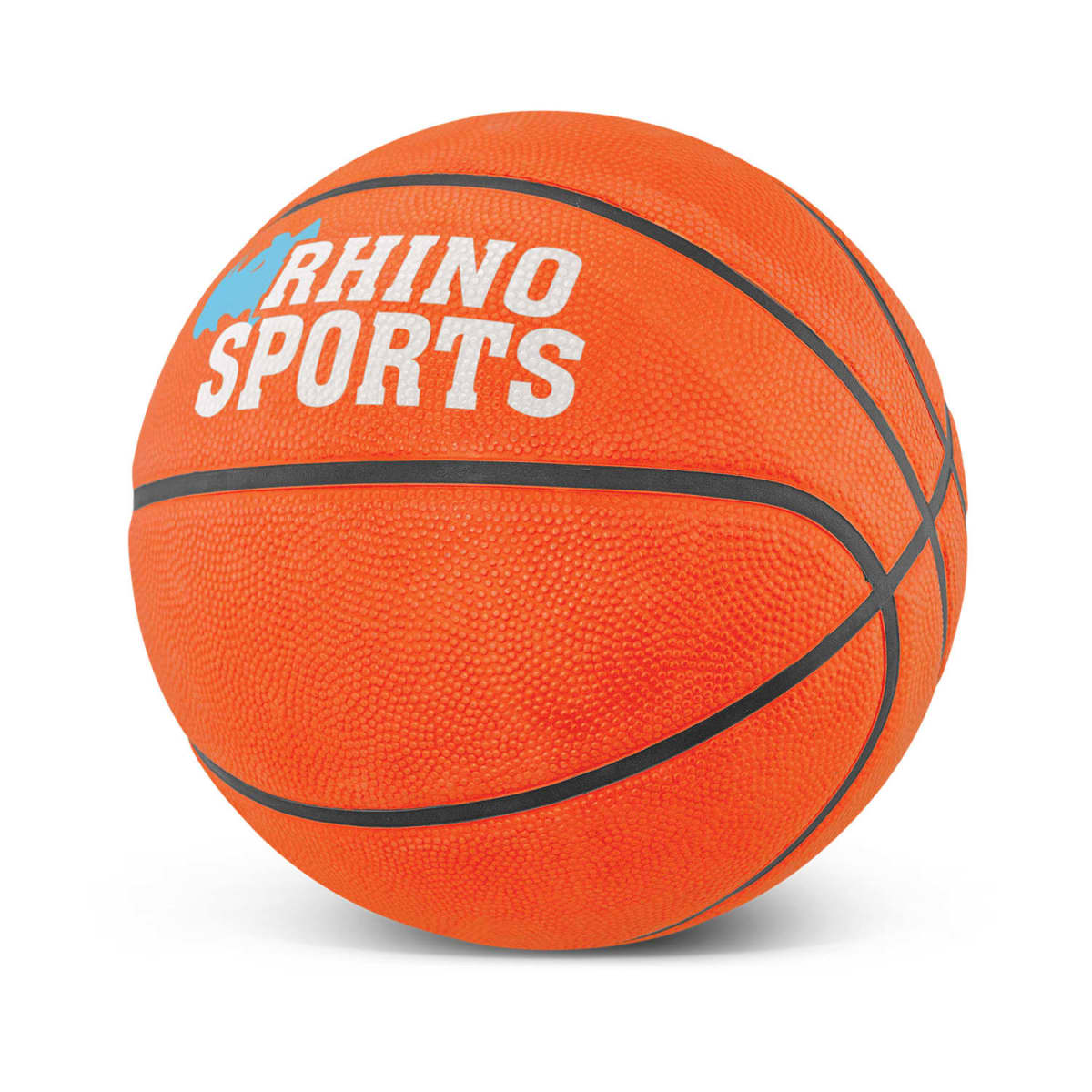An orange basketball with black lines and the text RHINO SPORTS in white on its surface, set against a plain white background.