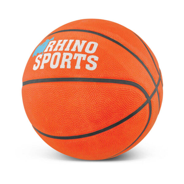 An orange basketball with black lines and the text Rhino Sports in white and blue on its surface, set against a plain white background.