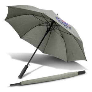 Custom green umbrella, open or closed, featuring logo for brand promotion.