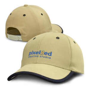 Two beige promotional caps with pixeled CREATIVE STUDIO logo, black trim, and adjustable strap.