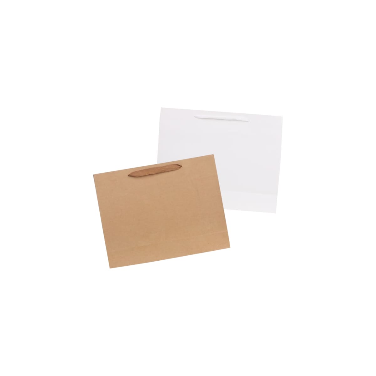 Two paper bags, one brown, one white, with handles, on a white background.